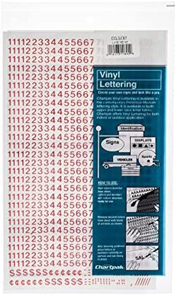Chartpak Self-Adhesive Vinyl Numbers, 1/4 Inch High, Red, 718 per